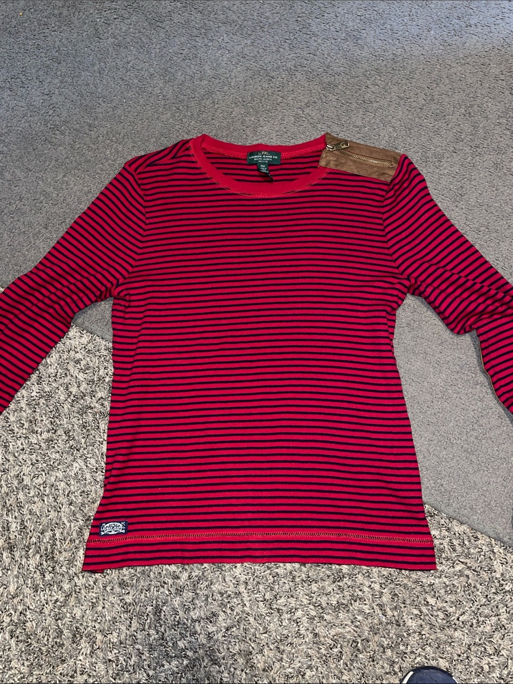 Ralph Lauren Red & Black Striped Long Sleeve Top with Shoulder Detail